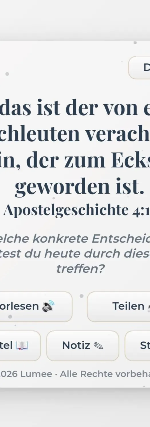 Screenshot der LUMEE-Web-App im hellen Modus mit Vers des Tages und Impulsfrage